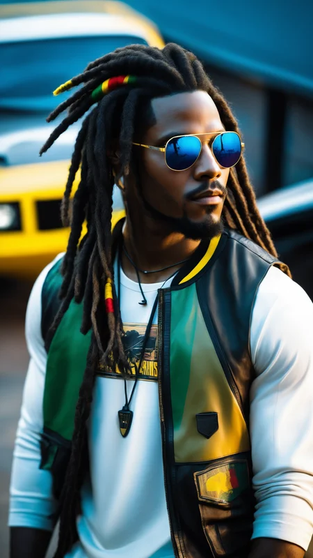 super high res, melhor qualidade, foto, 16k, (fotorrealista: 1.2), cinematic lighthing, Homem do afro americano de 23 anos que usa roupa camuflada do exercito e faz parte de uma equipe chamada os corvos, In addition he wears mirrored sunglasses and also has dreads in his hair (Cyberpunk 2020), photo of a black man with rasta hair, photorealistic