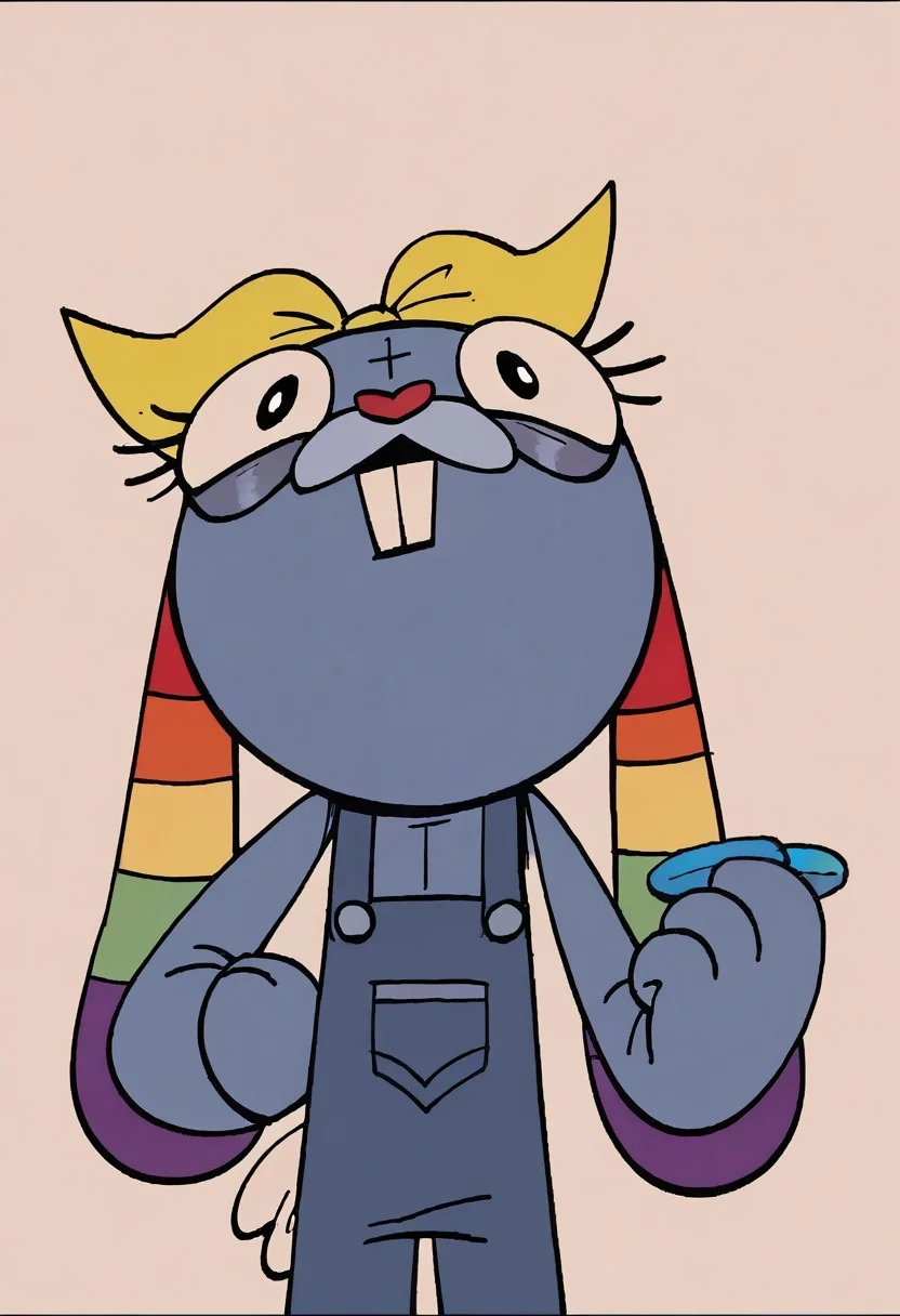 (score_9 | score_8_up | score_7_up) ((masterpiece:1))(best quality,very high quality,ultra detailed:1.2) (2D,cartoon style,anime style)(Smooth:2)(clean blurring) (four fingers on each hand,one thumb on each hand:1), Leif Loud, solo, 1boy, Blonde hair, missing teeth, red baseball cap facing backwards, blue overalls, red nose, prominent front teeth, long hanging ears, rainbow striped ears, large black eyes, white tail, short blue fur, prominent eyelashes, dark blue seam-like markings, yellow bow