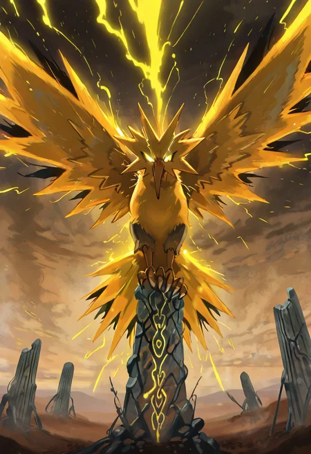 masterpiece, best quality,     zzZapdos,  In the center of a windswept desert ruin, zzZapdos crouches atop a cracked stone pillar, her cloak whipping violently in the electrified air. Her yellow feathers flicker with static energy, and her glowing eyes lock onto an unseen enemy. Spiked shoulder guards and armored boots gleam under the harsh sunlight, while grains of charged sand swirl around her like sparks. The ground beneath trembles slightly with each pulse of her energy, illuminating the glyphs carved into the stone ruins. She waits, calm and focused, a living weapon ready to strike.   ,,<lora:ZapdosPokedex_IXL_v1:1.0>,