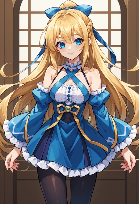 score_9, score_7_up, source_anime, BREAK very long hair, light smile,  <lora:GunvoltMain:1> Azure Striker Gunvolt(Main), <lora:mxmarina:1> mxmarina, french braid, half updo, Hair ribbon, frilled choker, criss-cross halter, sleeveless dress, high-waist skirt, backless dress, blue dress, waist blue bow, detached sleeves, frilled sleeves, wide sleeves, blue sleeves, black pantyhose, patterned legwear, pinstripe pantyhose, mary janes,