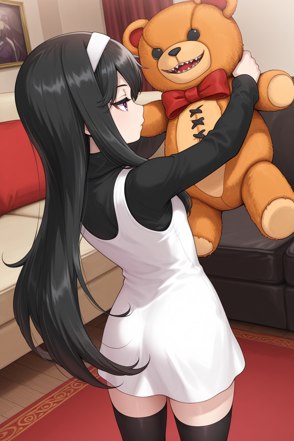 1girl, SakoErikaDevilSummoner, 
general, solo, from behind,
long hair, straight hair, purple eyes,
white hairband,
white dress, turtleneck, long sleeves,
black thighhighs, zettai ryouiki,
looking at object, arms up, holding stuffed toy, teddy bear, 
indoors, living room,
<lora:kp_SakoErikaDevilSummonerIllustrious_v1_0:1.0>,
masterpiece, best quality, amazing quality