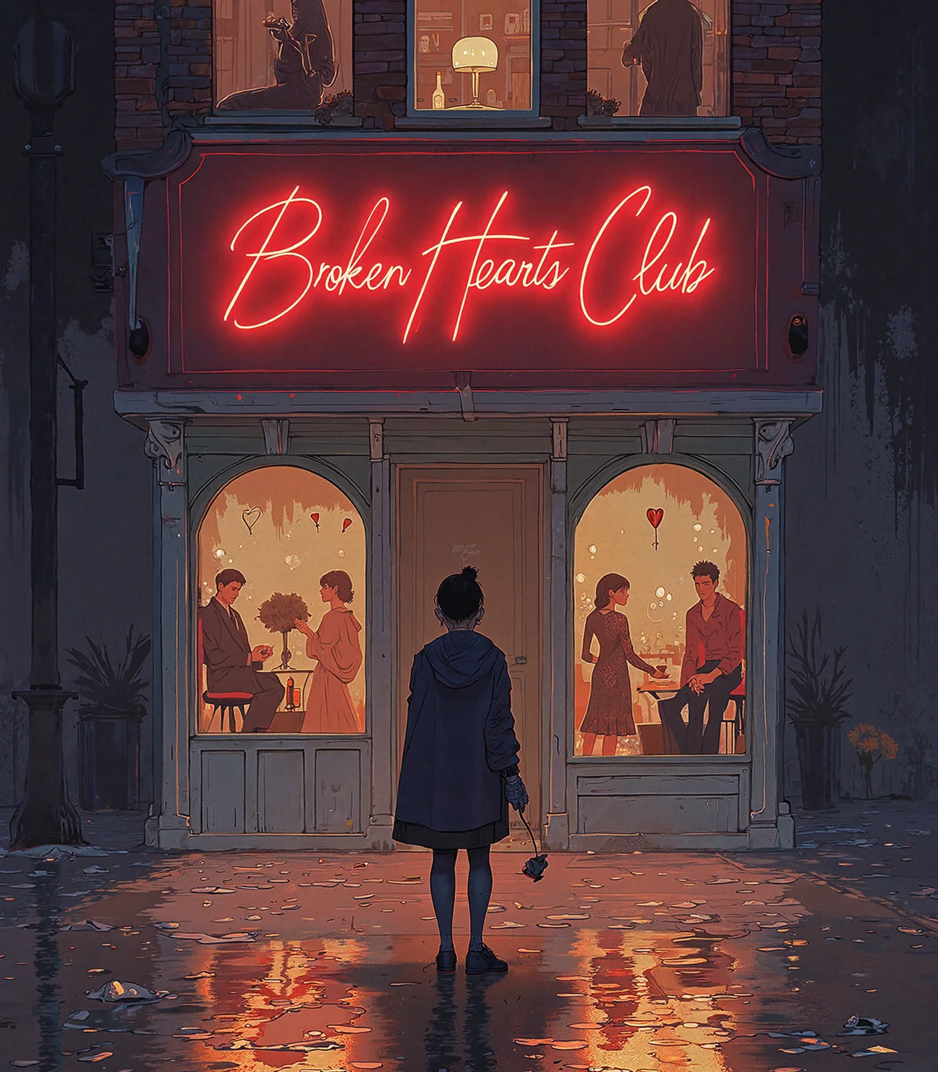 In the dim glow of a rain-slicked city street, a lone figure stands beneath a flickering neon sign that reads, "Broken Hearts Club." The crimson light spills across the wet pavement, reflecting in the puddles like the remnants of a shattered dream. A torn love letter flutters in the breeze, its ink running like silent tears.
Draped in a long, oversized coat, the figure clutches a single wilted rose, its petals darkened by the evening rain. Around them, the city pulses with indifferent energy—couples hurry past, hand in hand, illuminated by the warm glow of café windows, their laughter muffled by the downpour.
Inside the club, visible through a fogged-up window, a melancholy jazz band plays a slow, soulful tune as heartbroken souls nurse bittersweet cocktails. The bar is lined with lonely patrons, each lost in their own silent stories of love lost, framed in moody shadows and candlelit sorrow.
This is the world of the brokenhearted—a place where love lingers as an ache, painted in deep blues, somber purples, and fleeting glimpses of crimson passion that once burned bright but now fade into the night.
Anime, Niji