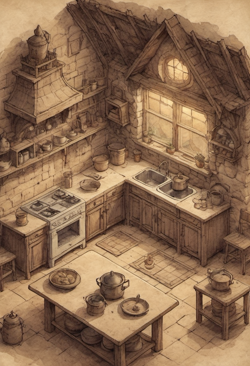 on parchment isometric concept drawing of the kitchen interior of a scary village house at dusk 