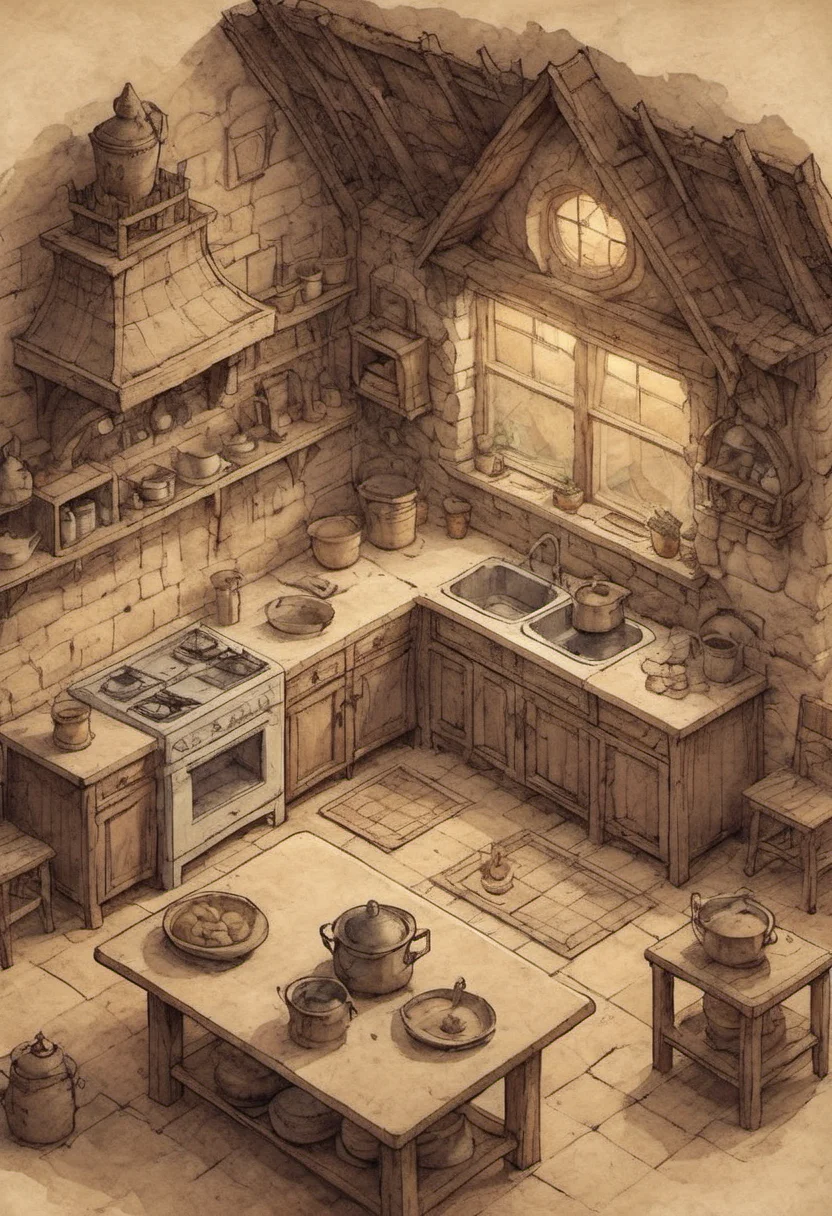 on parchment isometric concept drawing of the kitchen interior of a scary village house at dusk