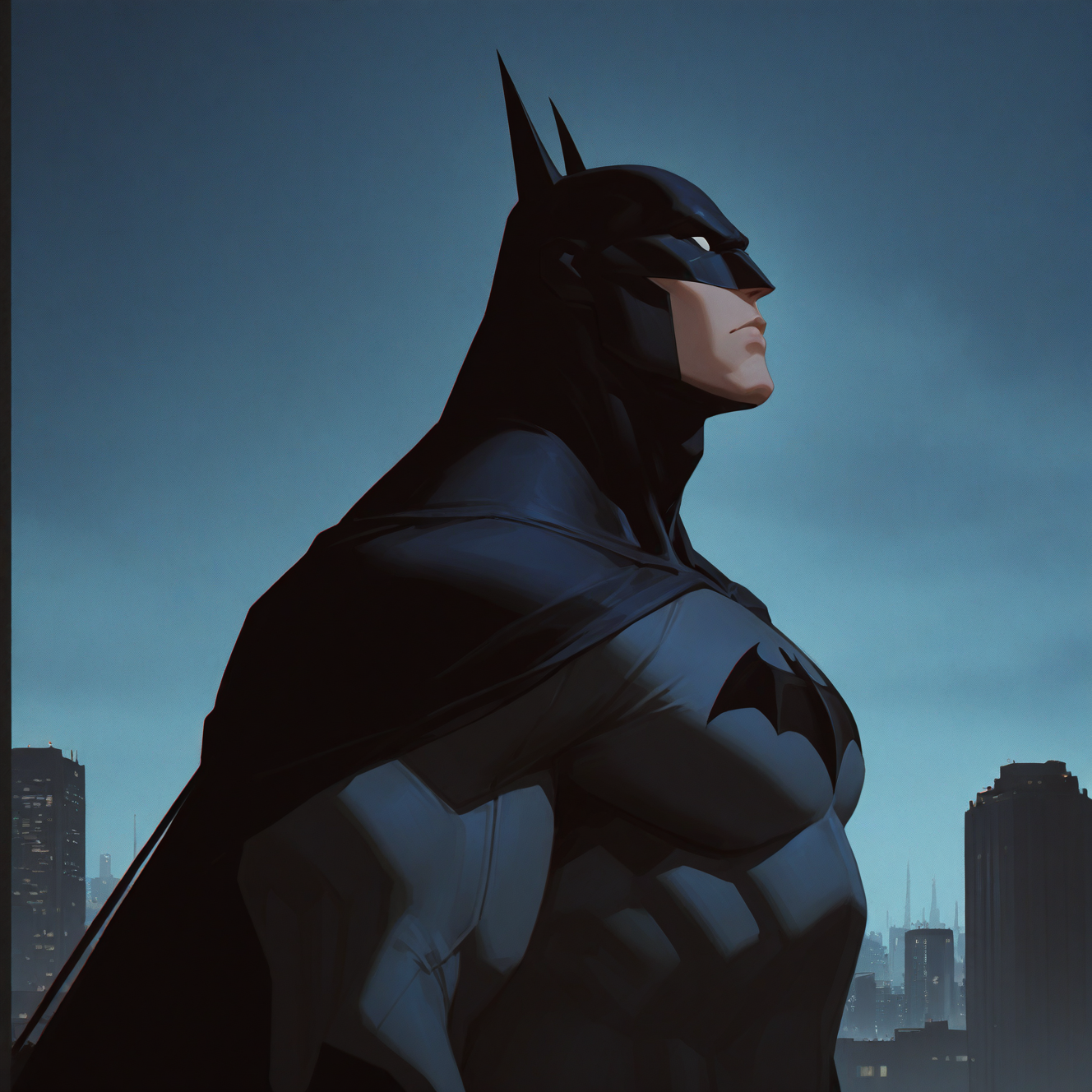 <lora:BATMAN_DCAMU:1> batman_dcamu, solo, 1boy, upper body, male focus, outdoors, horns, sky, cloud, armor, from side, profile, mask, bodysuit, night, cloudy sky, portrait, looking up, building, night sky, serious, city, cityscape, dark, white eyes, superhero, skyscraper, high contrast, cape, retro artstyle, motion blur, film grain, abstract, natural lighting, fantasy, cinematic, very awa, masterpiece, best quality, absurdres, newest, perfect quality, detailed background, intricate details, (artist:fl \(l-fl\):0.7), (artist:tooboshoo:0.7), (artist:dizdoodz:0.8)