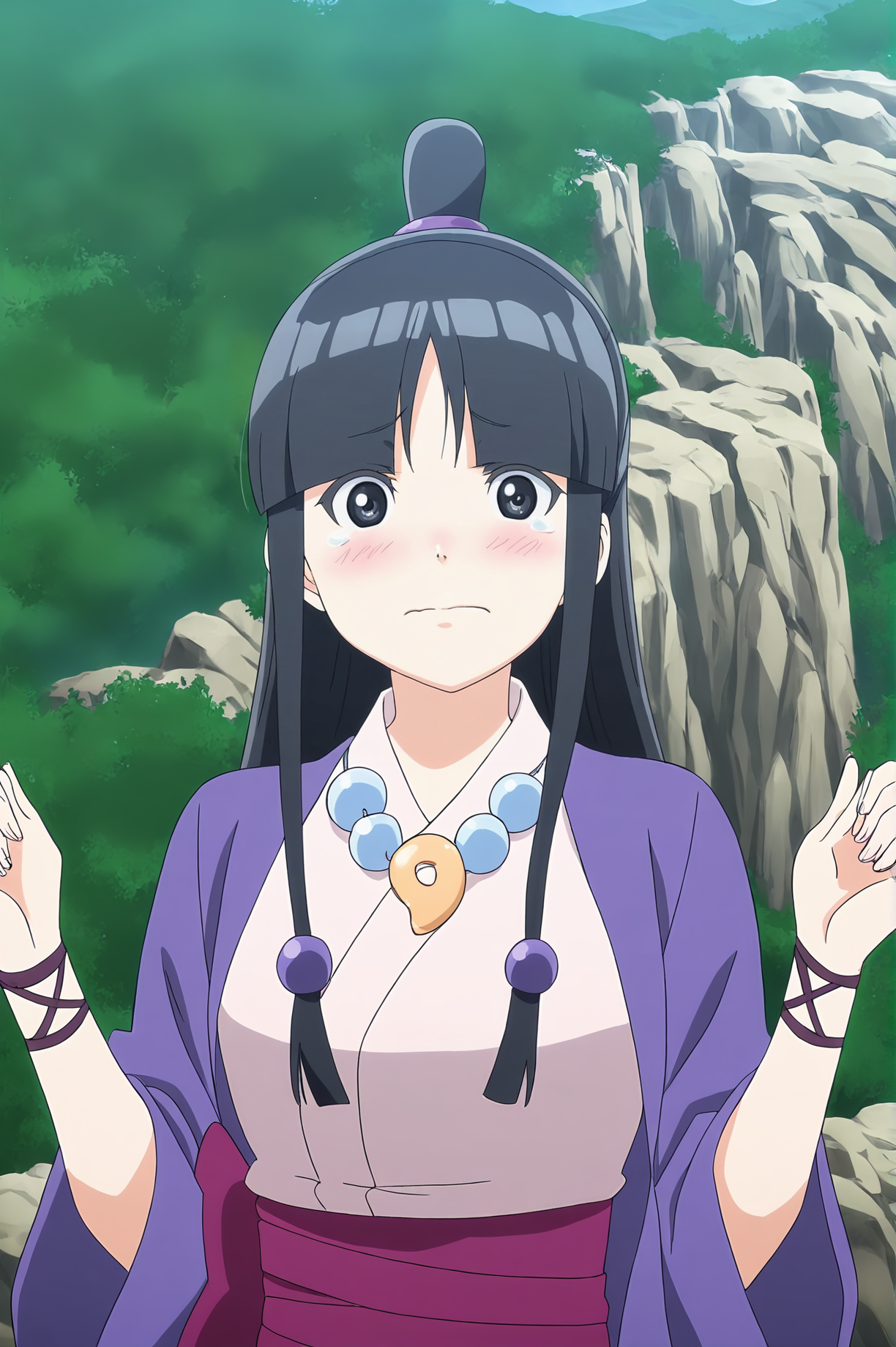 anime screencap,anime coloring,detailed face,masterpiece,best quality,very aesthetic,absurdres,amazing quality,ultra detailed,highres,amazing quality,scenery,beautiful detailed hair,beautiful detailed eyes,official anime artwork,<lora:Maya Fey-IL V1:1>,Maya Fey,1girl,solo,black hair,japanese clothes,long hair,magatama,jewelry,necklace,half updo,kimono,hair ornament,sash,blunt bangs,black eyes,looking at viewer,kind_smile,