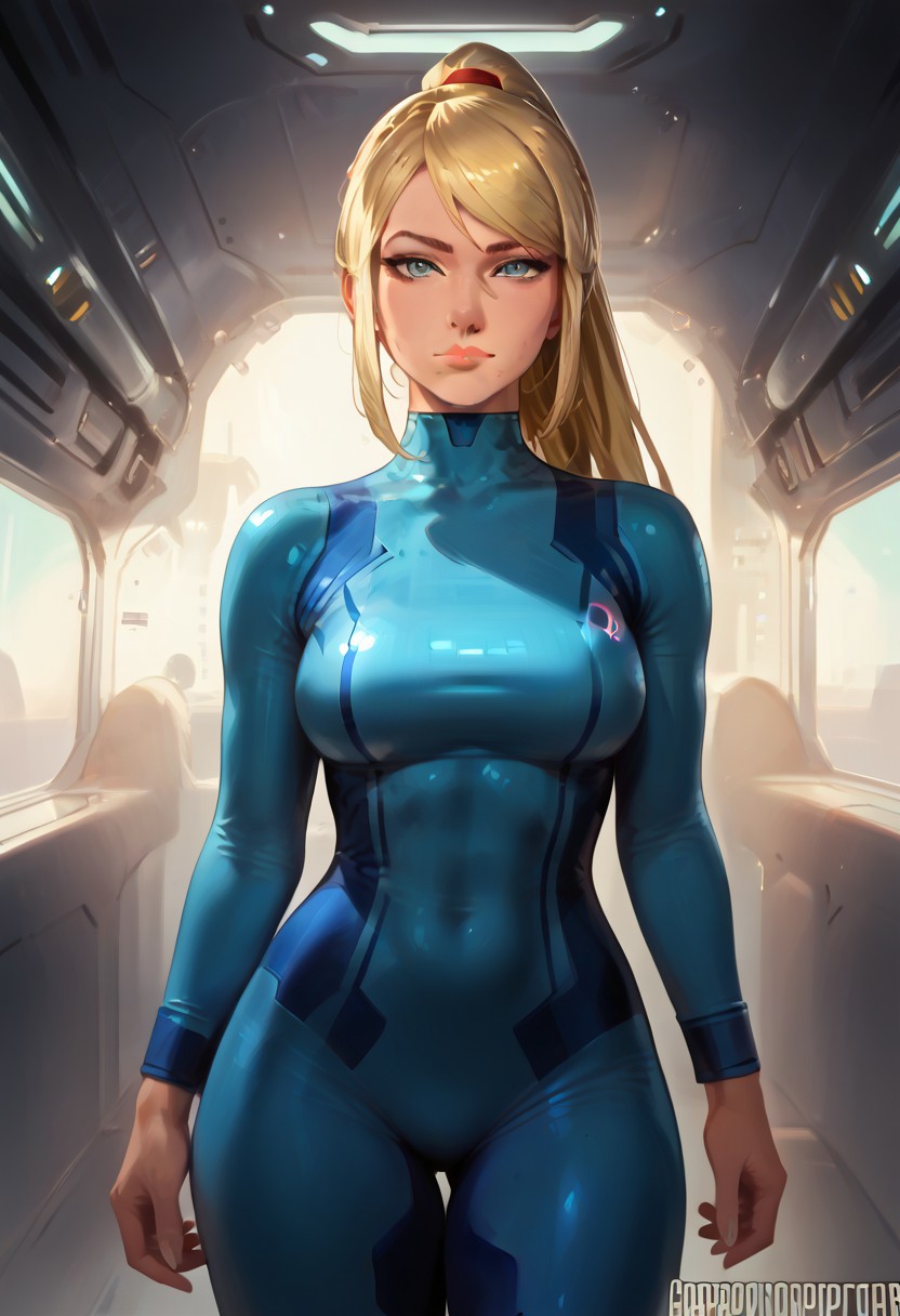 score_9, score_8_up, score_7_up, eyesHD, high gradient eyes, detailed eyes, high definition eyes perfect face, 
Break. 
1girl, (solo), Samus Aran , detailed eyes, black irises,standing , blue body suit, big thighs, 
Break. 
Spaceship, spaceship interior,