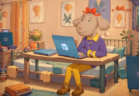 score_9, score_8_up, score_7_up, source_cartoon, Fern Walters, solo, 1girl, anthropomorphic dog, animal ears, tannish grey fur. red bow on her head,
long sleeved purple blouse with yellow buttons, yellow pants, brown loafers,
bedroom, bed, sitting at desk, looking at laptop