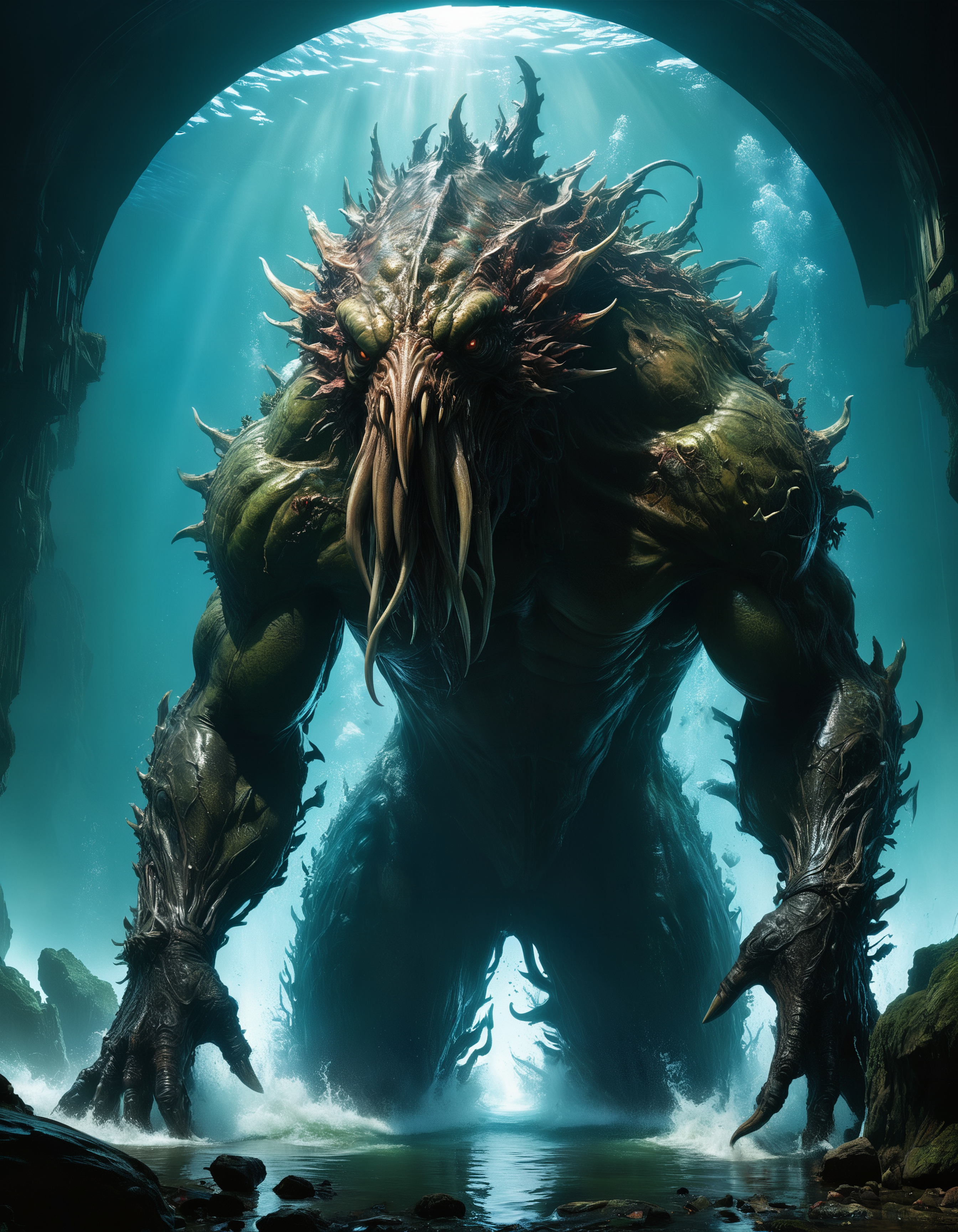 by (Neal Adams:1.2) and (Stephan Martiniere:1.1), hyper realistic medium full shot photo of  a (gargantuan  monstrous creature:1.1),  (delightful , aquatic , masterful:1.4), poster art, bold lines, hyper detailed, expressive,  award winning,  dark limited color palette, high contrast, depth of field, (intricate details, masterpiece, best quality:1.4),
strip lighting, looking at viewer, dynamic pose, wide angle panoramic view,
<lora:add-detail-xl:0.8> <lora:xl_more_art-full_v1:0.5>  <lora:NicolaSamori:0.4> in the style of nicola samori <lora:looking_at_viewer:2>