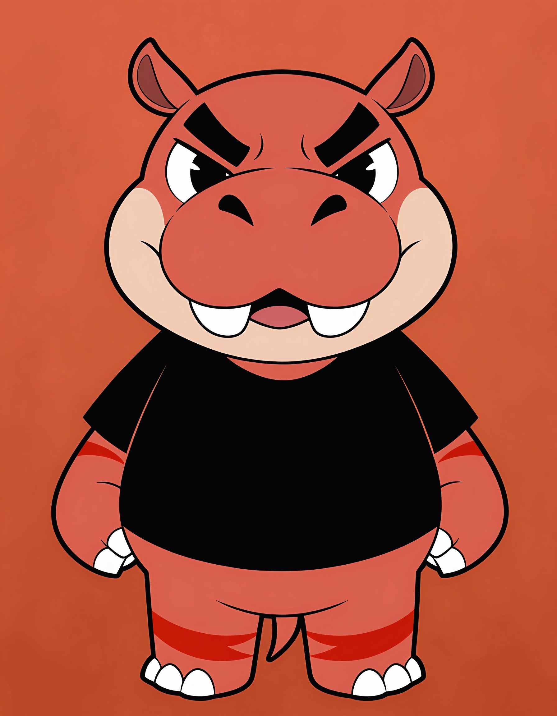 masterpiece, best quality, very aesthetic, absurdres, safe, Biff-AC, red skin, hippopotamus, cream cheeks, red pointy ears with fuchsia pink interior, red tail with crimson stripes, black furrowed eyebrows, black T-shirt, two front teeth, 1male, solo, colored skin, looking at viewer, no humans, fullbody, anthro, adult, <lora:a8cd4dde-6f44-4fcc-a731-7da517412eda:0.7>