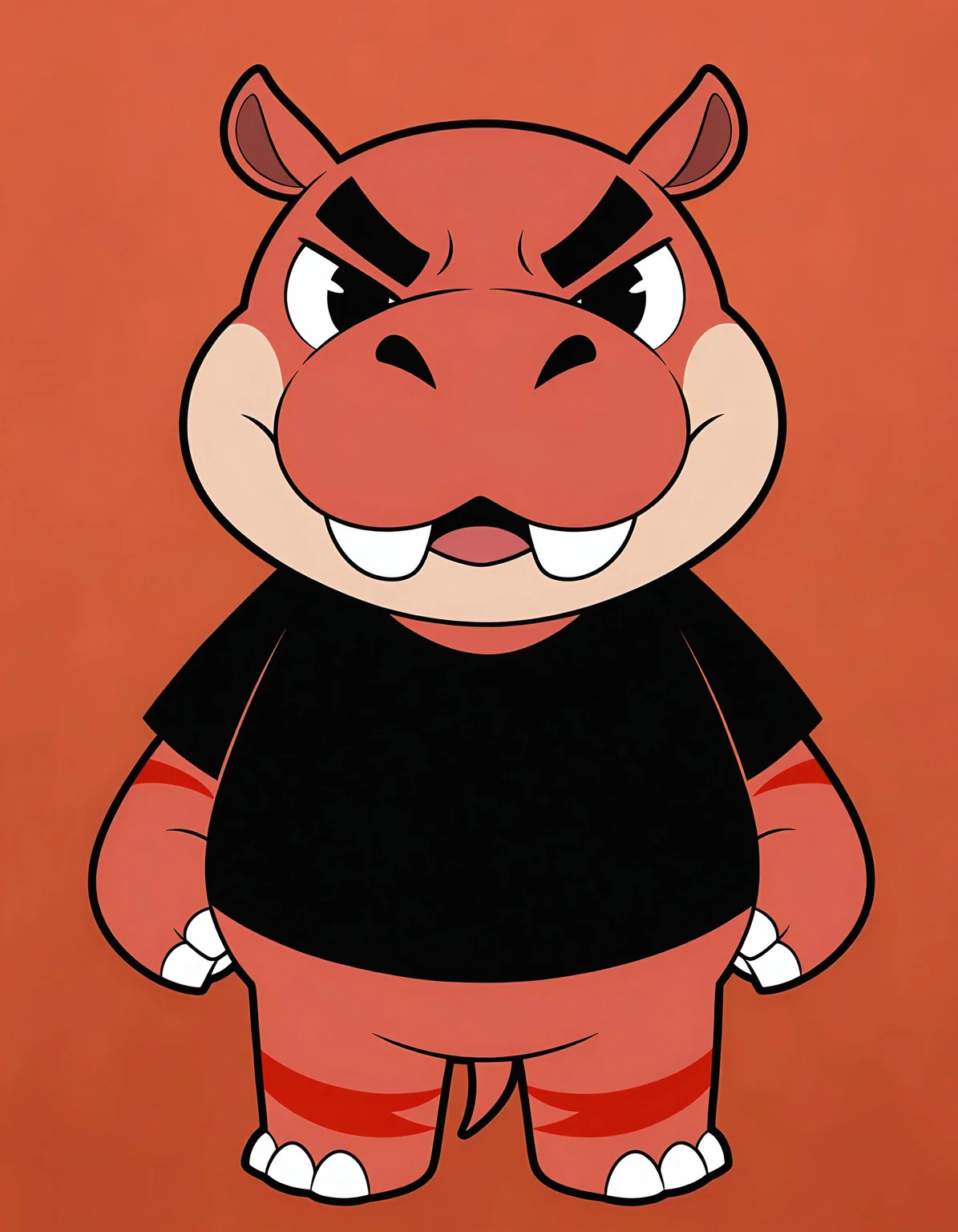 masterpiece, best quality, very aesthetic, absurdres, safe, Biff-AC, red skin, hippopotamus, cream cheeks, red pointy ears with fuchsia pink interior, red tail with crimson stripes, black furrowed eyebrows, black T-shirt, two front teeth, 1male, solo, colored skin, looking at viewer, no humans, fullbody, anthro, adult, <lora:a8cd4dde-6f44-4fcc-a731-7da517412eda:0.7>