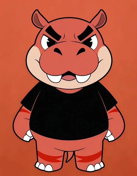 masterpiece, best quality, very aesthetic, absurdres, safe, Biff-AC, red skin, hippopotamus, cream cheeks, red pointy ears with fuchsia pink interior, red tail with crimson stripes, black furrowed eyebrows, black T-shirt, two front teeth, 1male, solo, colored skin, looking at viewer, no humans, fullbody, anthro, adult, <lora:a8cd4dde-6f44-4fcc-a731-7da517412eda:0.7>