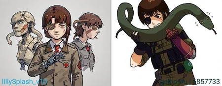 masterpiece, very awa, high quality, asymmetrical hair,brown hair,commission,crossover,eyepatch,gloves,hair ornament,highres,iwakura lain,joints,kamago draws,mechanical arms,metal gear \(series\),metal gear solid 3: snake eater,military,military uniform,parody,pocket,prosthesis,prosthetic arm,robot joints,scar,scar across eye,scar on face,serial experiments lain,single mechanical arm,snake,x hair ornament, suzukasuraimu, iwakura