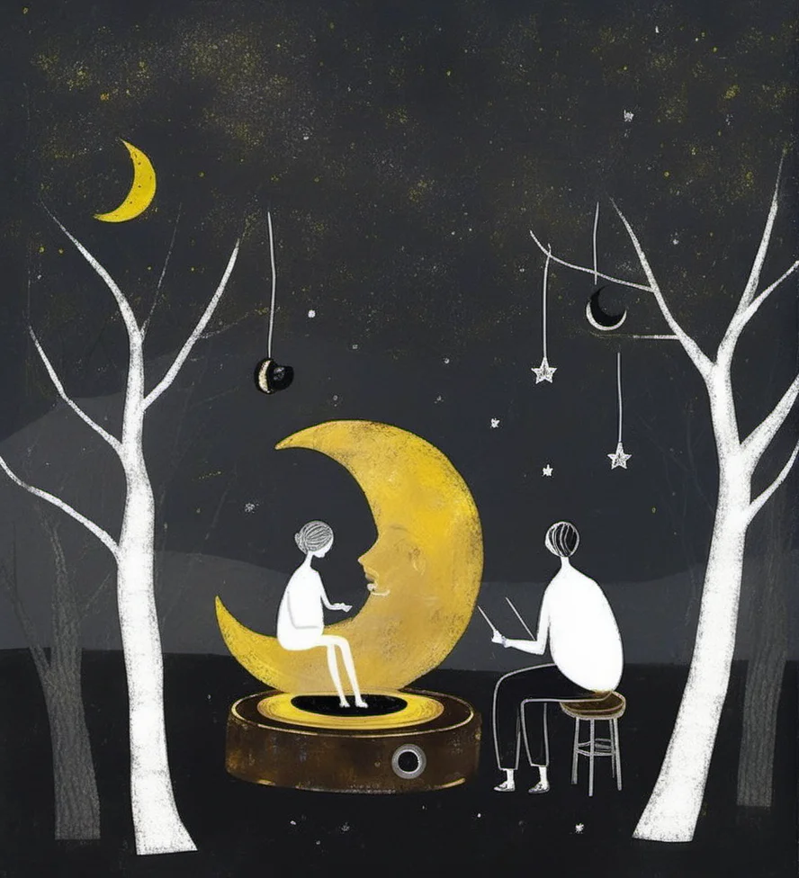 illustration,night scene,moon,crescent moon,stars,white trees,bare branches,two people,sitting,listening to music,vinyl record player,surreal,whimsical,dreamy,dark background,yellow accents,minimalist,abstract,fantasy,hand-drawn,texture,muted colors,simple shapes,peaceful,serene,storytelling.,
<lora:æ²»æ-000009:0.8>,