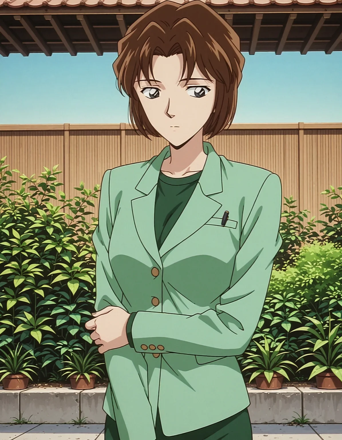 1girl,(solo:1.3),masterpiece,best quality,anime screencap,1990s \(style\),
<lora:hyuuga_miyuki_conan_v1_IL:0.7>,Hyuuga Miyuki,(meitantei conan:0.6),black eyes,brown hair,short hair,breasts,parted bangs,arched bangs,long sleeves,light green jaket,dark green shirt,pencil skirt,fomal,dark green skirt,
closed mouth,expressionless,averting eyes,standing,looking at another,upper body,outdoors,garden,blue sky,<lora:dmd2_sdxl_4step:1>