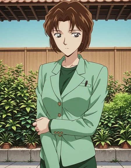 1girl,(solo:1.3),masterpiece,best quality,anime screencap,1990s \(style\),
<lora:hyuuga_miyuki_conan_v1_IL:0.7>,Hyuuga Miyuki,(meitantei conan:0.6),black eyes,brown hair,short hair,breasts,parted bangs,arched bangs,long sleeves,light green jaket,dark green shirt,pencil skirt,fomal,dark green skirt,
closed mouth,expressionless,averting eyes,standing,looking at another,upper body,outdoors,garden,blue sky,<lora:dmd2_sdxl_4step:1>