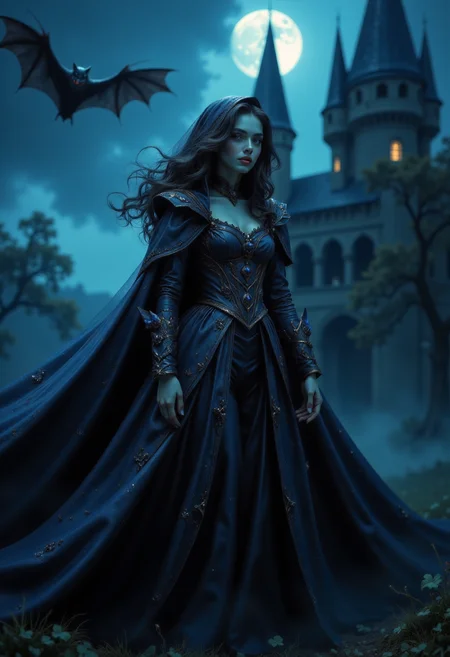 masterpiece, realistic scenery, ultra high quality, a gorgeous 23yo female vampire looks for victims in an medival castle, completely covered from the neck down, ancient dark blue vampire robe with shimmering sapphires, a vampire bat in the air, night, moonshine, gloomy clouds, fog, close-up, (SFW:1.2), dark fantasy, eerie, horror, <lora:Flux Darkfantasy_epoch_1>