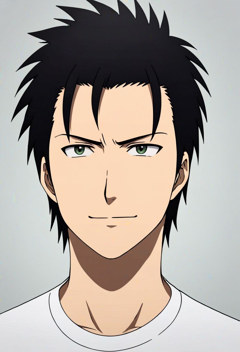 Highres, Masterpiece, High Quality, 4K, 8K, solo, 1Boy, Soujirou Agata, borown eyes, black hair, Shirt, passport_photo_style, looking at viewer, angry, smile, focused gaze forward, plain background, straight body, head upright, easynegative, detailed_eye_model