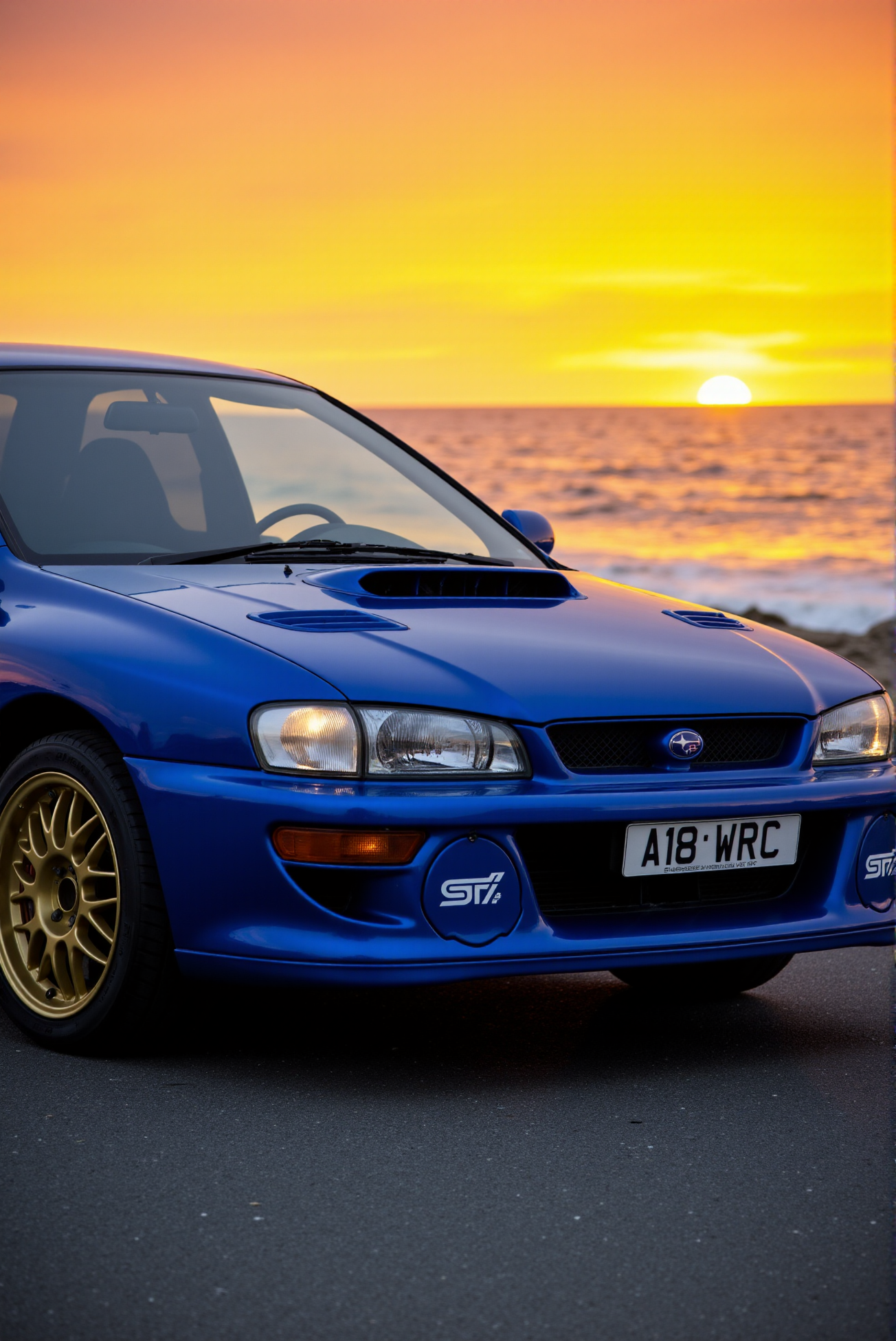 <lora:Subaru_Impreza_WRX_STI_22b:0.8> 
A classic Subaru Impreza WRX STI coupe in vibrant World Rally Blue parked on coastal asphalt at golden hour, angled slightly toward camera with ocean horizon in the background under a blazing orange sky. The car sports deep front air intakes, fog light covers with “STi” decals, and gold rally wheels. A white license plate marked “A18 WRC” sits on the bumper, flanked by amber corner lamps. Glossy paintwork reflects the warm hues of the setting sun, highlighting sculpted hood lines and the oversized rally wing. Captured in cinematic sunset lighting with soft golden overtones and rich blue-orange complementary color interplay, rendered in hyperreal texture with reflective metallic body shading.