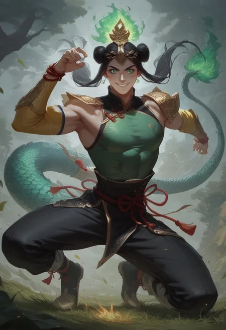 score_9, score_8_up, score_7_up, BREAK source_anime, source_cartoon, 1boy, happy, wide smile, ((expressive)), (((((chinese fighting pose)))), thin chin, solo, detailed face, detailed eyes, (Green eyes), white skin, black hair tied up, man with hair tied up, ((long hair)) (headpiece fledged with gallant pheasant tails), very muscular man, muscular chest, broad shoulders, Chinese combat attire, green Chinese clothing, golden sleeves, (((golden scale pattern))), loose black pants, red rope belt
BREAK
(((green fire in hands))), (flaming gauntlets in hands), green flaming eyes),
outside, grass, trees, flying leafs