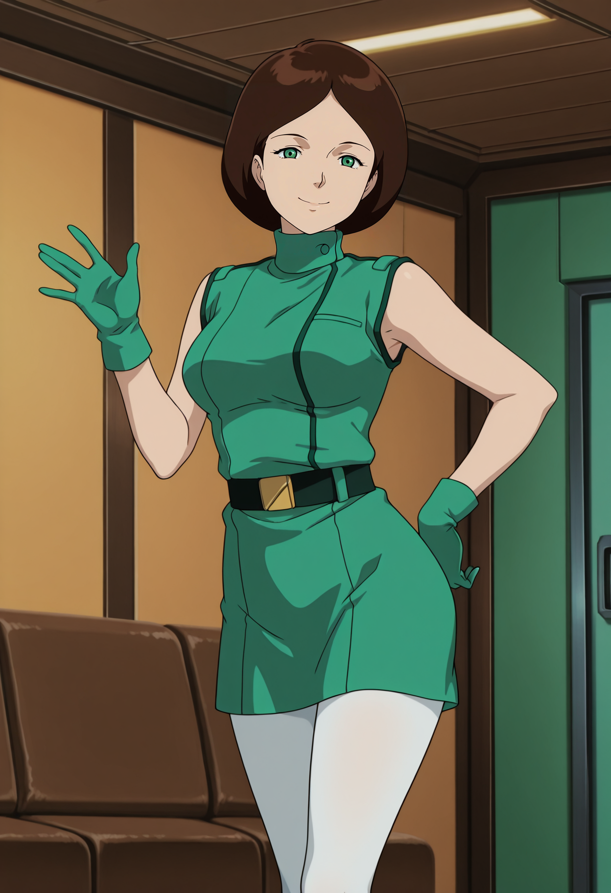 1girl,solo,mm,mature female,brown hair,short hair,green eyes,anime coloring,
sleeveless,uniform,green gloves,turtleneck,green shirt,white pantyhose,belt,contrapposto,hand on own hip,waving,looking at viewer, smile,indoors
,masterpiece,best quality,amazing quality,<lora:Emma_Sheen-Zeta_Gundam:0.8>