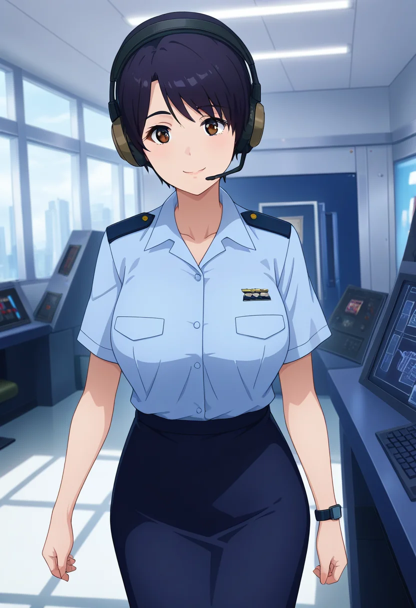 masterpiece, best quality, amazing quality, 1girl, solo, cowboy shot, honokaww, mature female, brown eyes, black hair, short hair, asymmetrical bangs, headset, headphones, 
military uniform, blue collared shirt, short sleeves, ristwatch, dark blue pencil skirt, long skirt, pantyhose, looking at viewer, smile, indoors, day, skindentation, detailed clothing folds, depth of field, sharp, high contrast, dynamic light <lora:Suzunagi_Honoka_Bravern_ill_v11:0.9>