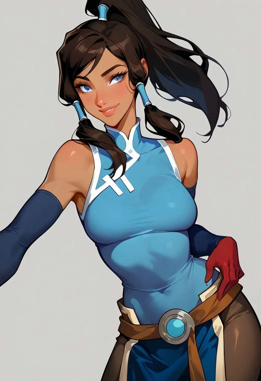 4RCH0N, Jabstyle, Expressiveh, Score_9, score_8_up, score_7_up, score_6_up, dynamic pose, KOrra, ,1 young woman, solo, femenine, blue eyes, brown eyelashes, brown hair, long hair, ponytail, dark skin, dark-skinned female, hair tubes, topknot,, tiny waist, perfect waist to hip ratio, flat stomach, eyesHD, detailed eyes, orgasmic look, smile, female focus, perfect face, perfect anatomy, perfect legs, detailed eyes, high definition eyes, most erotic picture in the world, medium breasts, firm breasts, (intricate detailing:1.6 faces & eyes & ears & nose & lips & skin & curves & shapes & body parts & anatomy),(wearing: bodysuit, red gloves, belt), sexy, (seductive-pose:1.4), solo_dancing, cowboy shot, blank background, seductive, innocent, sharp, rating_explicit