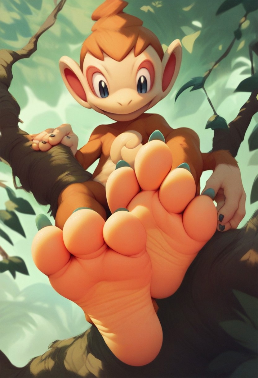 score_9, score_8_up, Score_7_up, score_6_up, score_5_up, Chimchar, Pokemon (creature), monkey, sitting on tree branch, 3 toes, peach colored feet, unpainted nails, foot focus, feet style, foot style