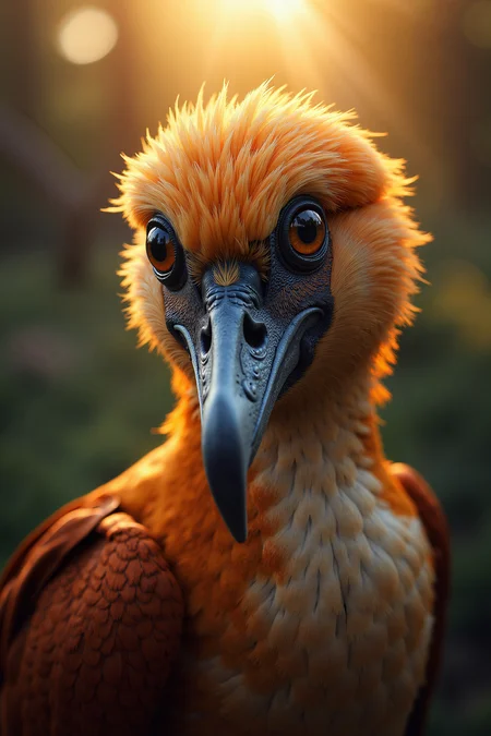 In the heart of a canvas, a captivating portrait of Hazel comes to life. The intricate details of his beak and eyes are illuminated by the soft glow of the setting sun, 