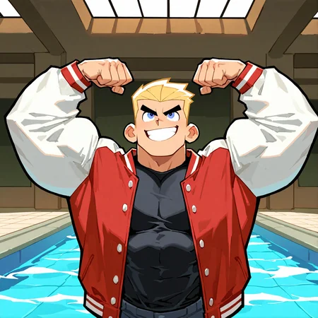 <lora:DASH:1.5>dash, solo, smile, short hair, blue eyes, shirt, blonde hair, long sleeves, 1boy, standing, jacket, bara, muscular male, upper body, male focus, open clothes, teeth, pants, indoors, grin, open jacket, black shirt, window, white jacket, thick eyebrows, looking up, red jacket, meme, clenched hands, track jacket, tiles, pool, letterman jacket, flexing, arms up, v-shaped eyebrows, multicolored clothes, motion blur, film grain, abstract, natural lighting, fantasy, dynamic view, tilted angle, very awa, masterpiece, best quality, absurdres, newest, perfect quality, detailed background, (artist:fl \(l-fl\):0.7), (artist:tooboshoo:0.7), (artist:dizdoodz:0.8)