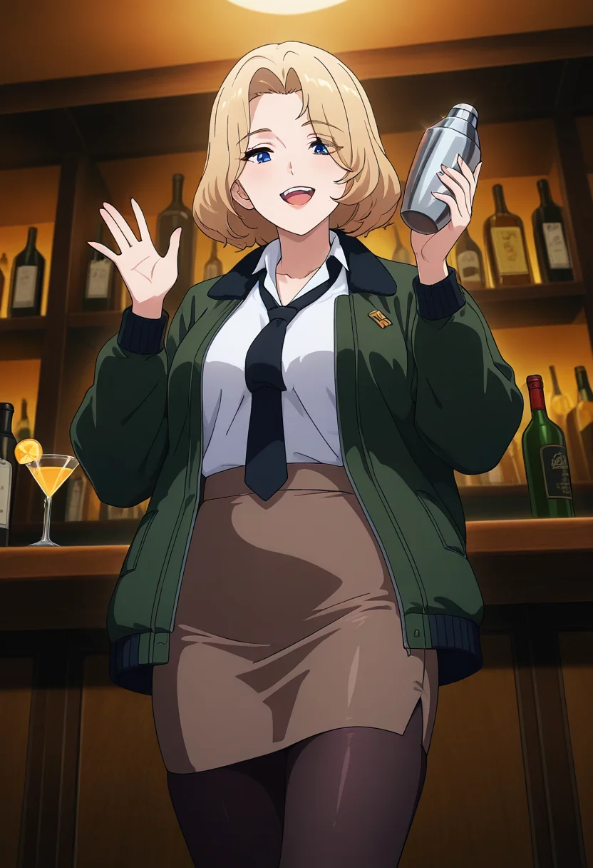 masterpiece, best quality, amazing quality, 1girl, solo, karenww, mature female, blue eyes, blonde hair, medium hair, medium breasts, military uniform, black necktie, loose necktie, green jacket, white collared shirt, long sleeves, brown pencil skirt, high-waist skirt, black pantyhose, black pumps, high heels, <lora:Aldrin_Karen_Bravern_ill_v11:0.9>, cocktail glass, cocktail shaker, hands up, holding, smile, teeth, upper teeth only, open mouth, :d, looking at viewer, upper body, pov from below, indoors, bar \(place\), bartender, bottle, cup, drinking glass, shelf, counter, skindentation, detailed clothing folds, depth of field, sharp, high contrast, dynamic light