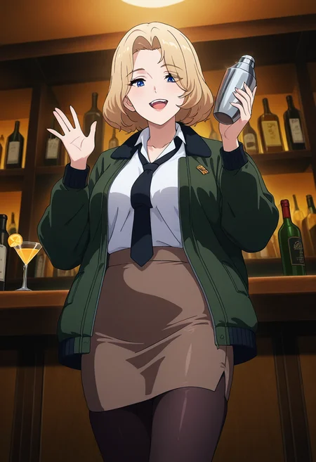 masterpiece, best quality, amazing quality, 1girl, solo, karenww, mature female, blue eyes, blonde hair, medium hair, medium breasts, military uniform, black necktie, loose necktie, green jacket, white collared shirt, long sleeves, brown pencil skirt, high-waist skirt, black pantyhose, black pumps, high heels, <lora:Aldrin_Karen_Bravern_ill_v11:0.9>, cocktail glass, cocktail shaker, hands up, holding, smile, teeth, upper teeth only, open mouth, :d, looking at viewer, upper body, pov from below, indoors, bar \(place\), bartender, bottle, cup, drinking glass, shelf, counter, skindentation, detailed clothing folds, depth of field, sharp, high contrast, dynamic light