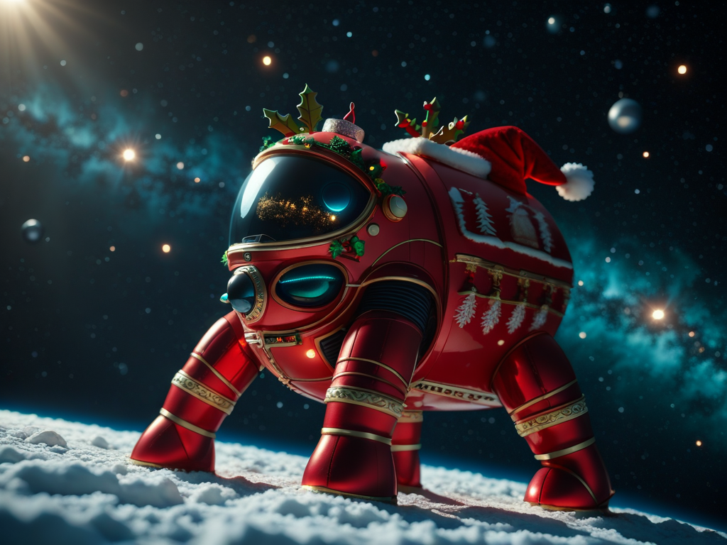 Animal Christmas, 
In the depths of space an ancient spaceship drifts into view fro a low angle. The spaceship has seen bettre days. A lush verdant planet can be seen in the distance with a red dwarf sun rising, creating a halo effect
 <lora:Animal_Christmas:1>