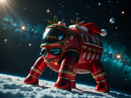 Animal Christmas,
In the depths of space an ancient spaceship drifts into view fro a low angle. The spaceship has seen bettre days. A lush verdant planet can be seen in the distance with a red dwarf sun rising, creating a halo effect
<lora:Animal_Christmas:1>