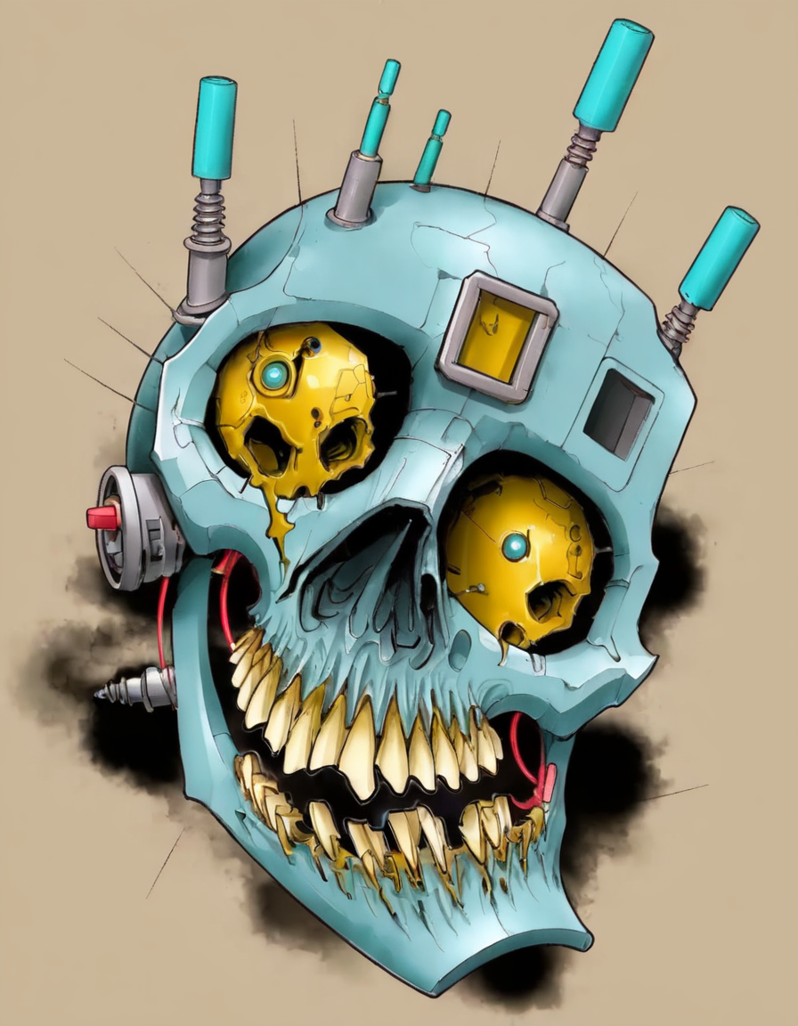 <lora:t3v3-000006:0.8>t3v3,skull, broken robot, tattoo