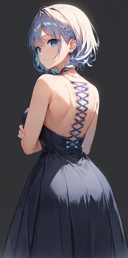 score_9, score_8_up, score_7_up,source_anime, high res image,masterpiece,best quality,girl,cute face,clear skin,shiny hair,ultra detailed eyes,simple background, <lora:corset piercing_pony_V1.0:1> corset piercing, riboon, piercing,dress,from behind