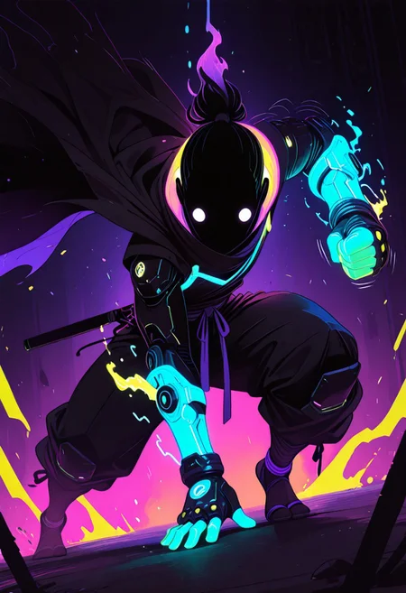 M200 gritty Comic Style of a fierce DARK Ninja samurai with billowing cape delivering an powerful enchanted vibrant neon luminous Punch, White round eyes, with black billowing translucent Aura, high Quality, masterpiece, volumetric backlight, very detailed, flat Style, vibrant theme, gauntlet, fists, Motion lines, dynamic pose, Action Scene, feudal themed, muted Neon colors,
