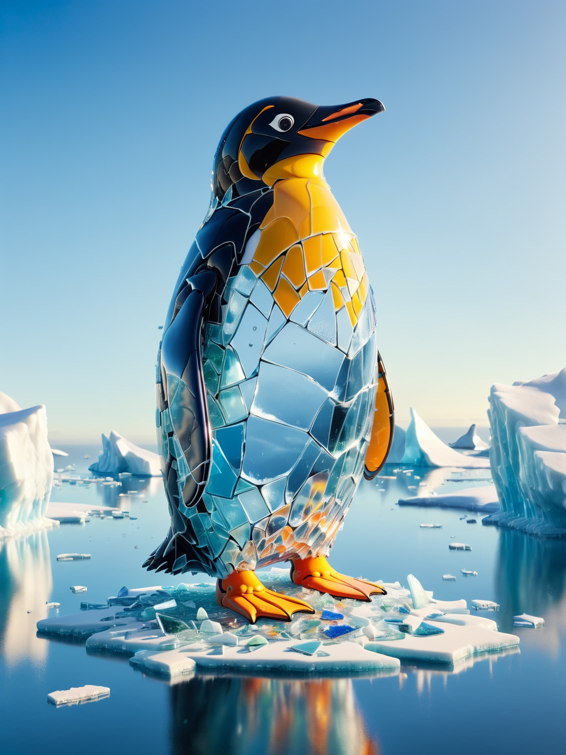 A humorous scene where a penguin made completely from ais-bkglass, waddles comically on a melting iceberg, with a puzzled expression as it looks down at its disappearing platform. <lora:Broken_Glass_Style_SDXL:1>