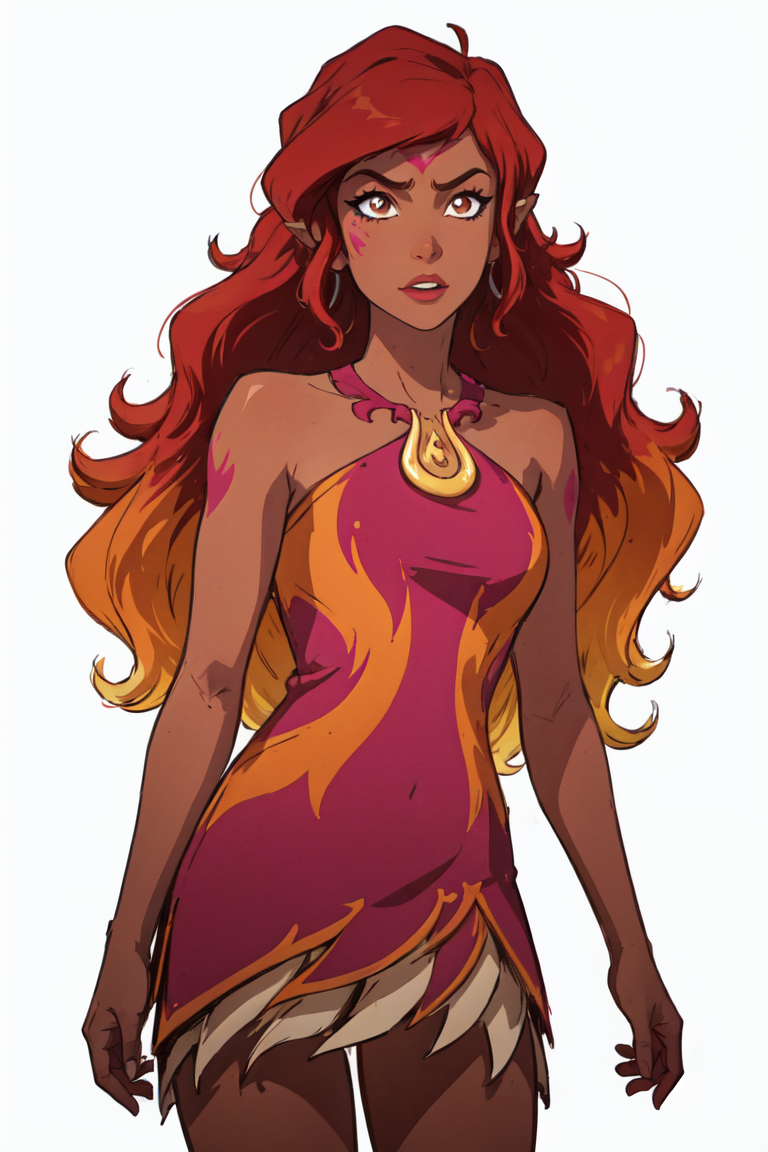 (AzariFiredancer:1.5), (dark skin, red hair, brown eyes), red to orange ombre hair, (solid white background, white background:1.5), (realistic:1.2), (masterpiece:1.2), (full-body-shot:1),(Cowboy-shot:1.2), neon lighting, dark romantic lighting, (highly detailed:1.2),(detailed face:1.2), (gradients), colorful, detailed eyes, (detailed landscape:1.2), (natural lighting:1.2), close shot, solo, 1girl,  <lora:LEGOElvesAzari-10:0.8> <lora:add_detail:0.3> <lora:BeautifulEyes:0.6>