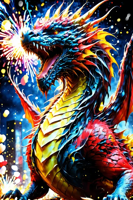 new year celebration , art work, red and yellow dragon, 16k, best quality, HDR, night, show people, Fireworks 2024 on sky , shards, more detail XL,<lora:EMS-287160-EMS:0.800000>,<lora:EMS-218109-EMS:0.800000>,<lora:EMS-61413-EMS:0.800000>