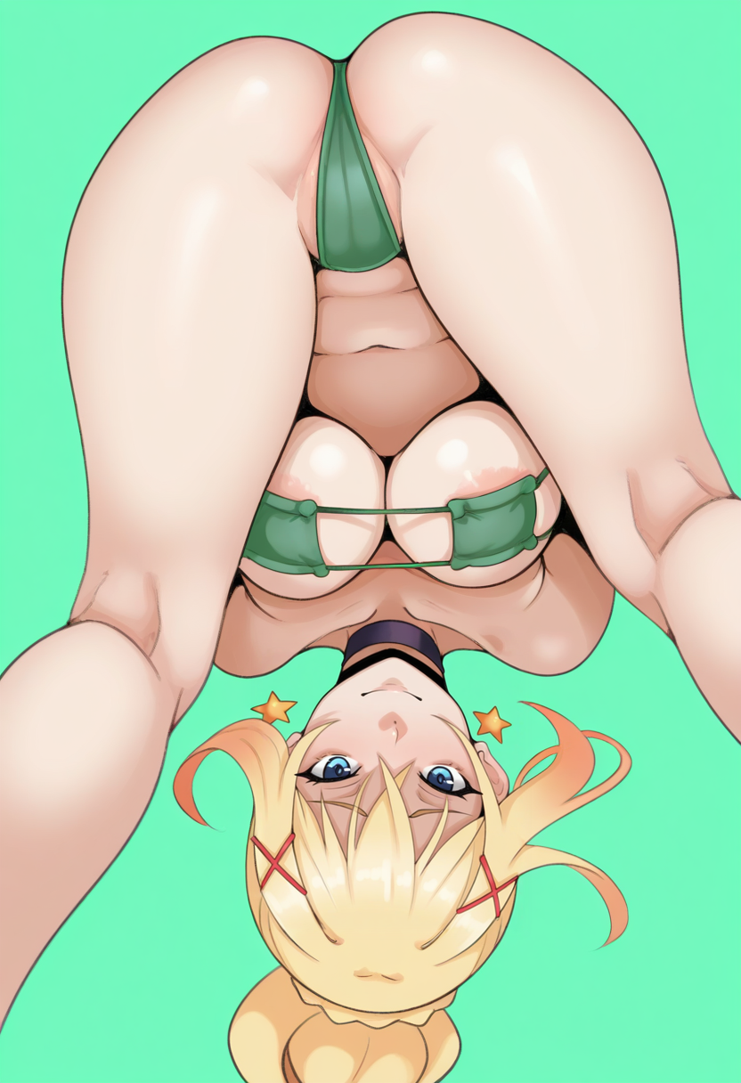masterpiece, best quality, <lora:sunnysundown:1> s0nn1s0nd0wn,, 1girl, solo,
Upside-down
looking at viewer, light smile,
darkness \(konosuba\), blonde hair, blue eyes, hair ornament, ponytail,
eyepatch bikini, choker, star earrings, 
simple background, Emerald Green  background,