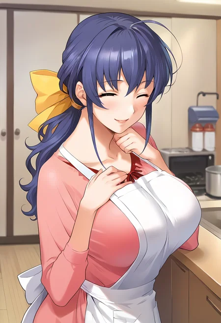 score_9, score_8_up, score_7_up, source_anime, masterpiece, 1girl, ct_haruka, blue hair, hair bow, ponytail, large breasts, pink shirt, long sleeves, apron, light pink long skirt, looking at viewer, indoors, japanese home, hand on chin, smile, one eye closed,<lora:HarukaOgihara_Pony_ct:0.9>