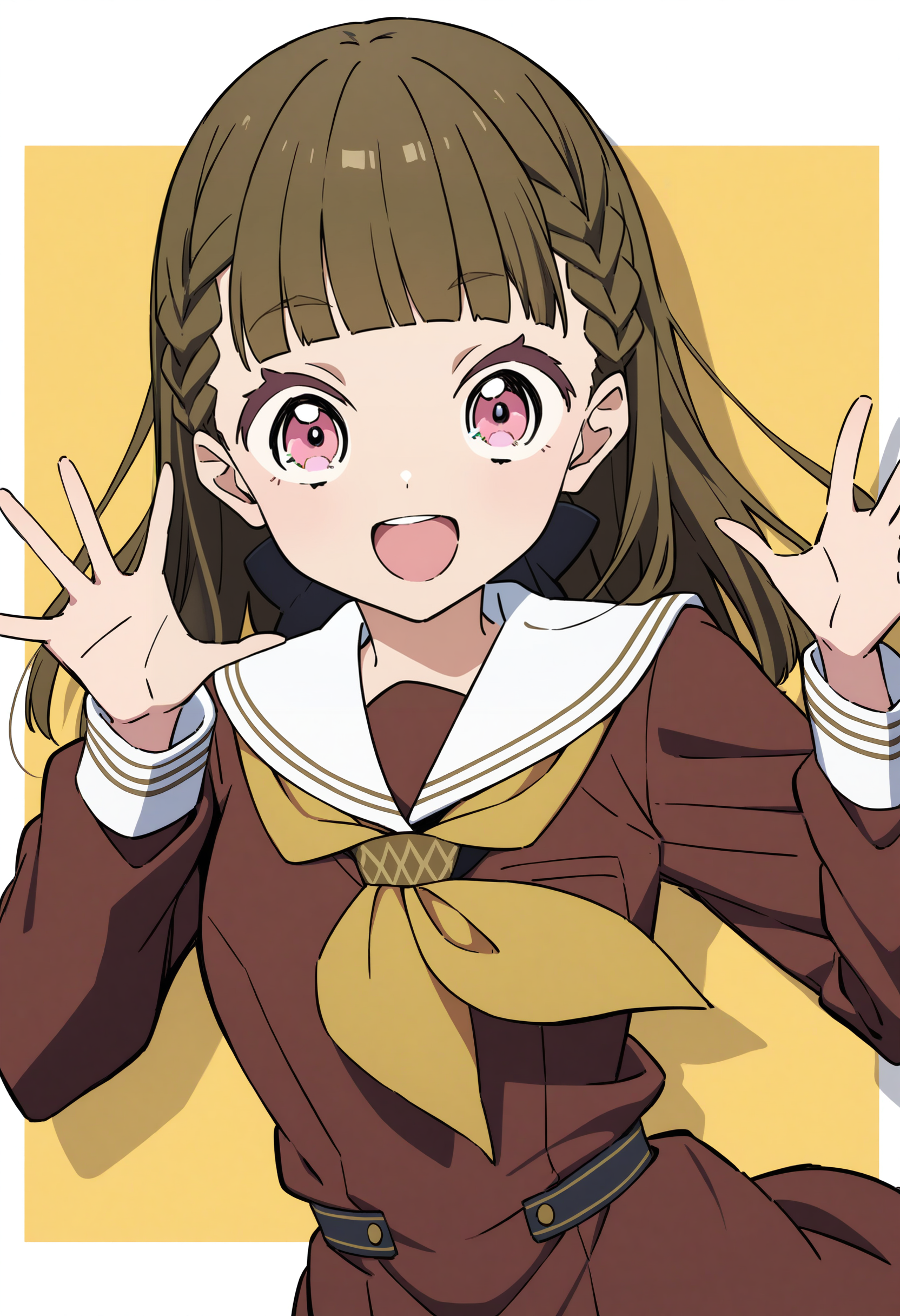 1girl, best quality, masterpiece, anime, anime coloring, simple background, yellow theme, outside border, drop shadow,  smile, looking at viewer, upper body, cute
<lora:A_XL_Kachimachi Kosuzu v3_Animagine31:1> kachimachi kosuzu, link! like! love live!, brown hair, braid, long hair, blunt bangs, pink eyes, ribbon, open mouth,
winter uniform, hasunosora school uniform, long sleeves, brown serafuku, yellow neckerchief, white sailor collar, loafers, brown skirt,