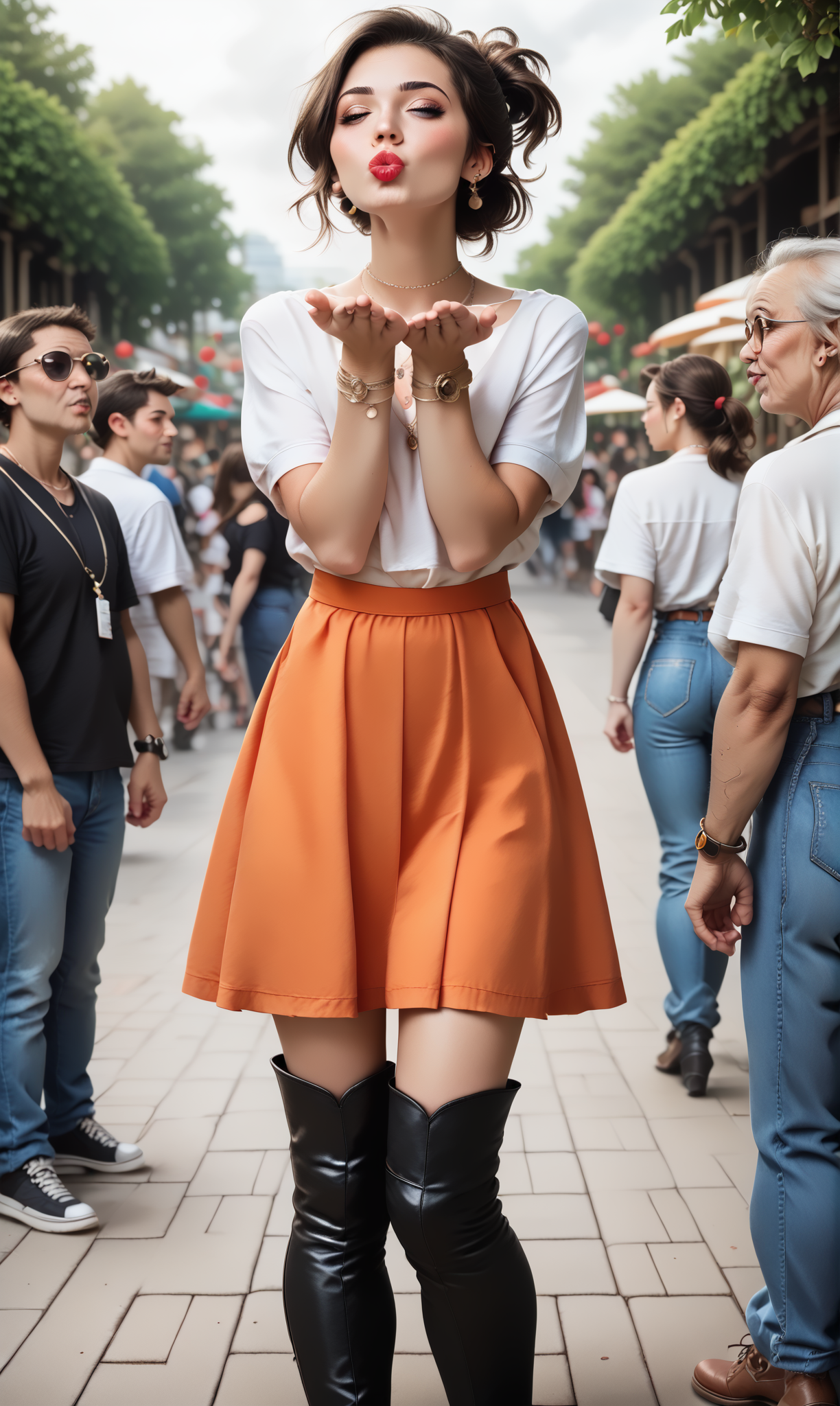 score_9, score_8_up, score_7_up, blaiki, wiboha, (slim 25 years old woman) in orange skirt and white blouse  is blowing an air kiss with both hands, standing in a crowded park. black (thigh high boots), necklace,  short brunette ponytail  
 <lora:AirKissPony:1>