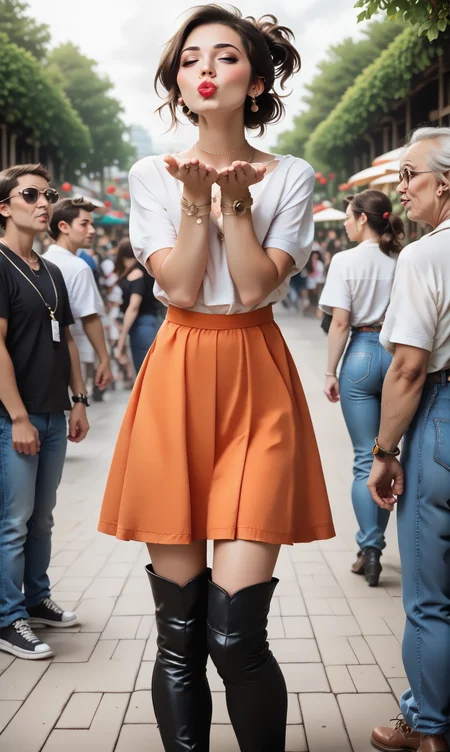 score_9, score_8_up, score_7_up, blaiki, wiboha, (slim 25 years old woman) in orange skirt and white blouse  is blowing an air kiss with both hands, standing in a crowded park. black (thigh high boots), necklace,  short brunette ponytail  
 <lora:AirKissPony:1>