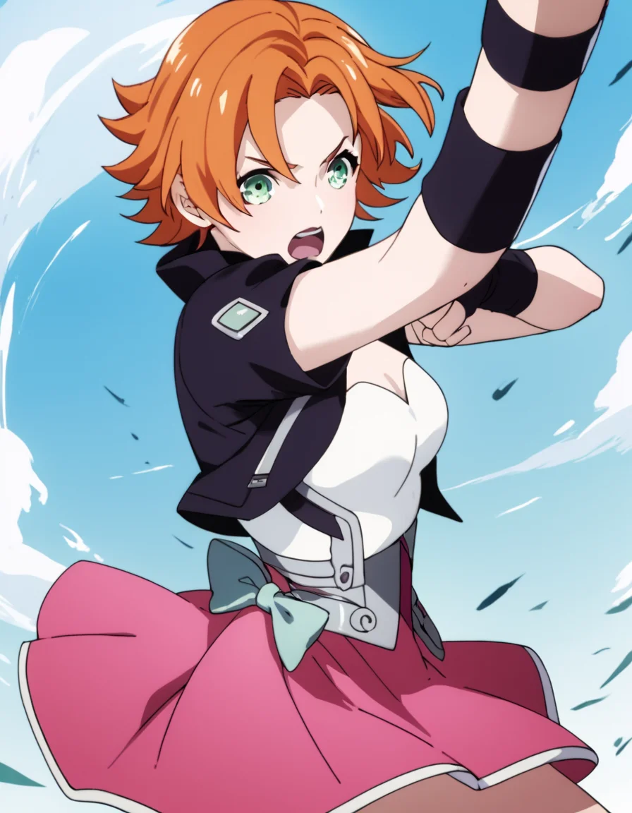 score_9, score_8_up, score_7_up, score_6_up, score_5_up, score_4_up, source_anime, NoraValkyrie, short hair, green eyes, orange hair, pink skirt, , action pose