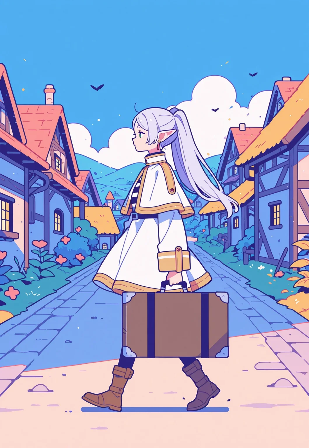 1girl, frieren, elf, walking, holding case, outdoors, side view, wooded village, Flatline, Flat vector illustration, summer