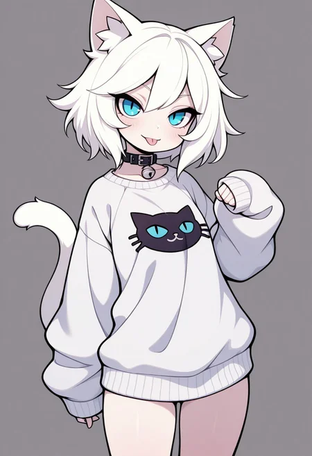 1 girl , cat girl , slender , cat ear , cat tail , big oversize sweater , long sleeves overhand , bottomless , bottom heavy , :P , white hair , white fur , cat collar , blue eye , slit eye ,
HDR, 8K, masterpiece, best quality, amazing quality, very aesthetic, high resolution, ultra-detailed, absurdres, CartoonyIllustrious,