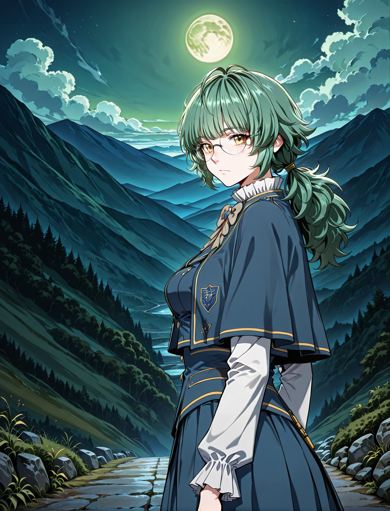 <lora:Emily_Watsken__The_Beginning_After_the_End__Illustrious:1>
1 girl, solo, yellow eyes, green hair, ahoge, low ponytail, bangs, long hair, messy hair, freckles,
uniform, white shirt, long sleeves, frilled sleeves, blue skirt, blue capelet, brown bowtie, glasses, round eyewear, blue jacket
score_9, score_8_up, score_7_up, source anime, BREAK, cowboy shot, (from side), looking back, looking at viewer, overlooking mountain, high altitude, scenery, exterior, background, (solo), night, green moon, <lora:iLLMythG0thicL1nes:1>