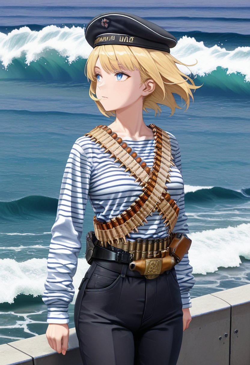 masterpiece, high quality, best quality, 1girl, solo, m4tr0s, black military hat, bandolier, ammunition belt, (striped shirt:1.4), black pants, cowboy shot, looking away, short hair, blonde hair, blue eyes, sea, dynamic pose, military watercraft, wind, waves, long sleeves,